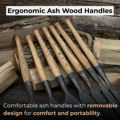 7-piece long timber framing chisel set with hand-forged steel blades and ash handles