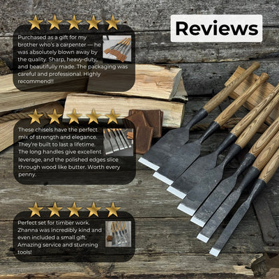 7-piece long timber framing chisel set with hand-forged steel blades and ash handles