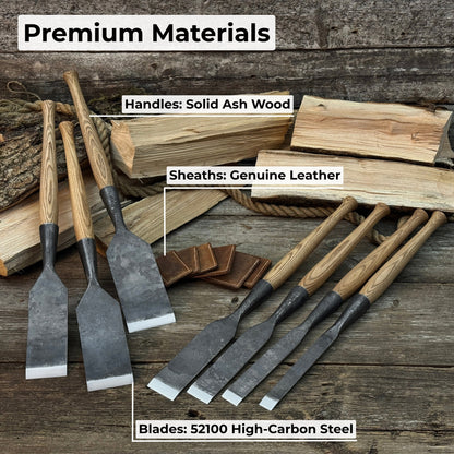 7-piece long timber framing chisel set with hand-forged steel blades and ash handles