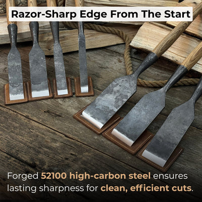 7-piece long timber framing chisel set with hand-forged steel blades and ash handles