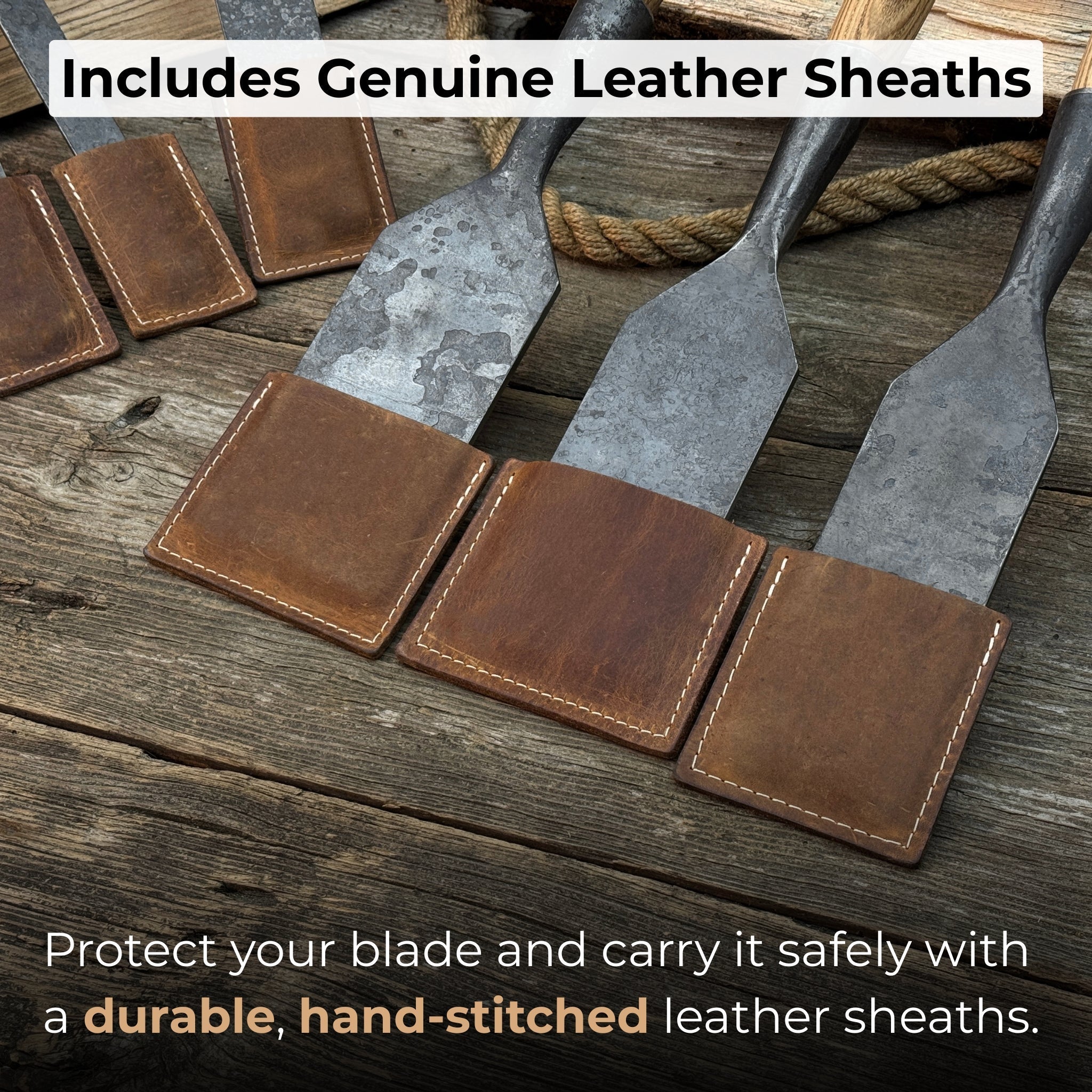 7-piece long timber framing chisel set with hand-forged steel blades and ash handles