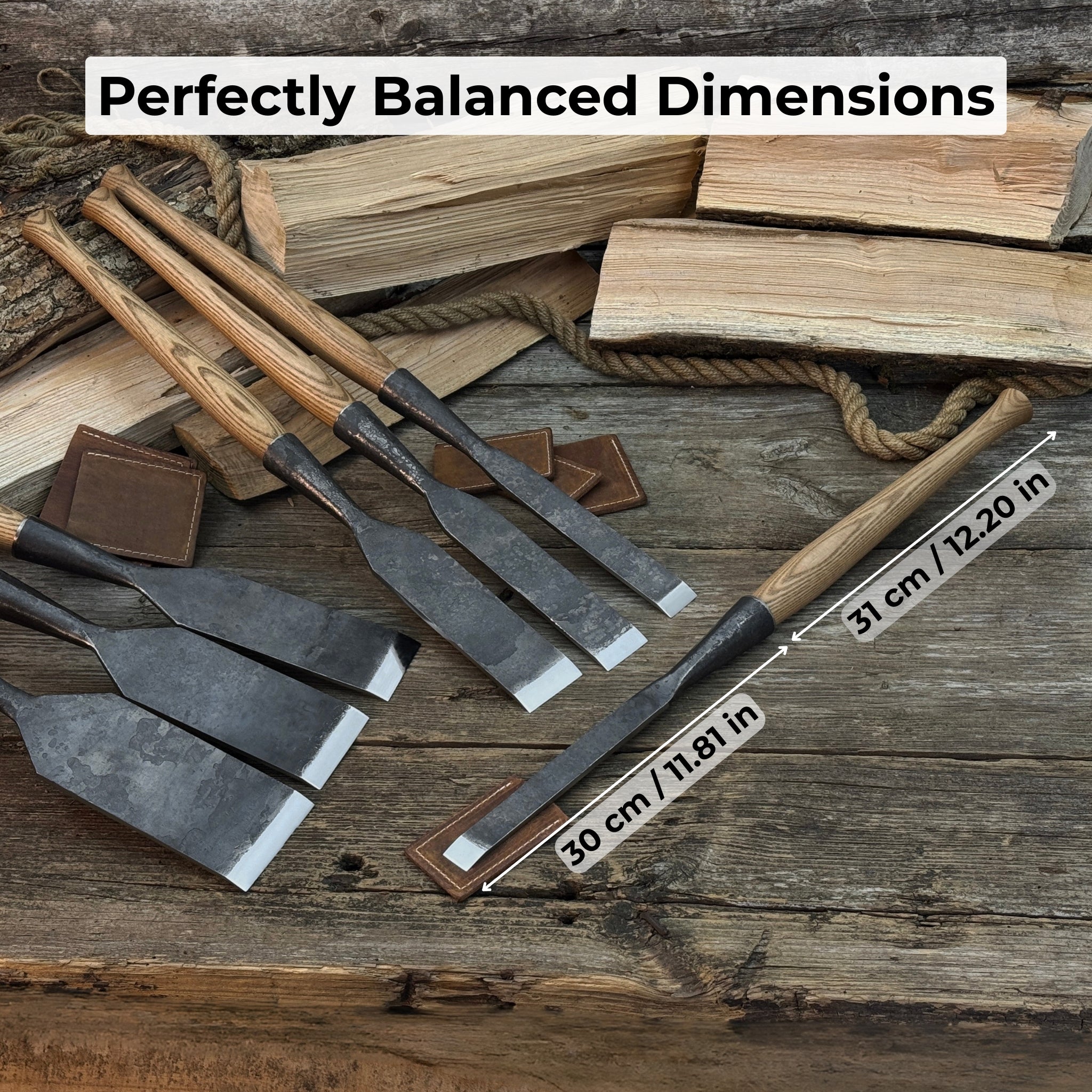 7-piece long timber framing chisel set with hand-forged steel blades and ash handles