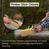 7-piece long timber framing chisel set with hand-forged steel blades and ash handles