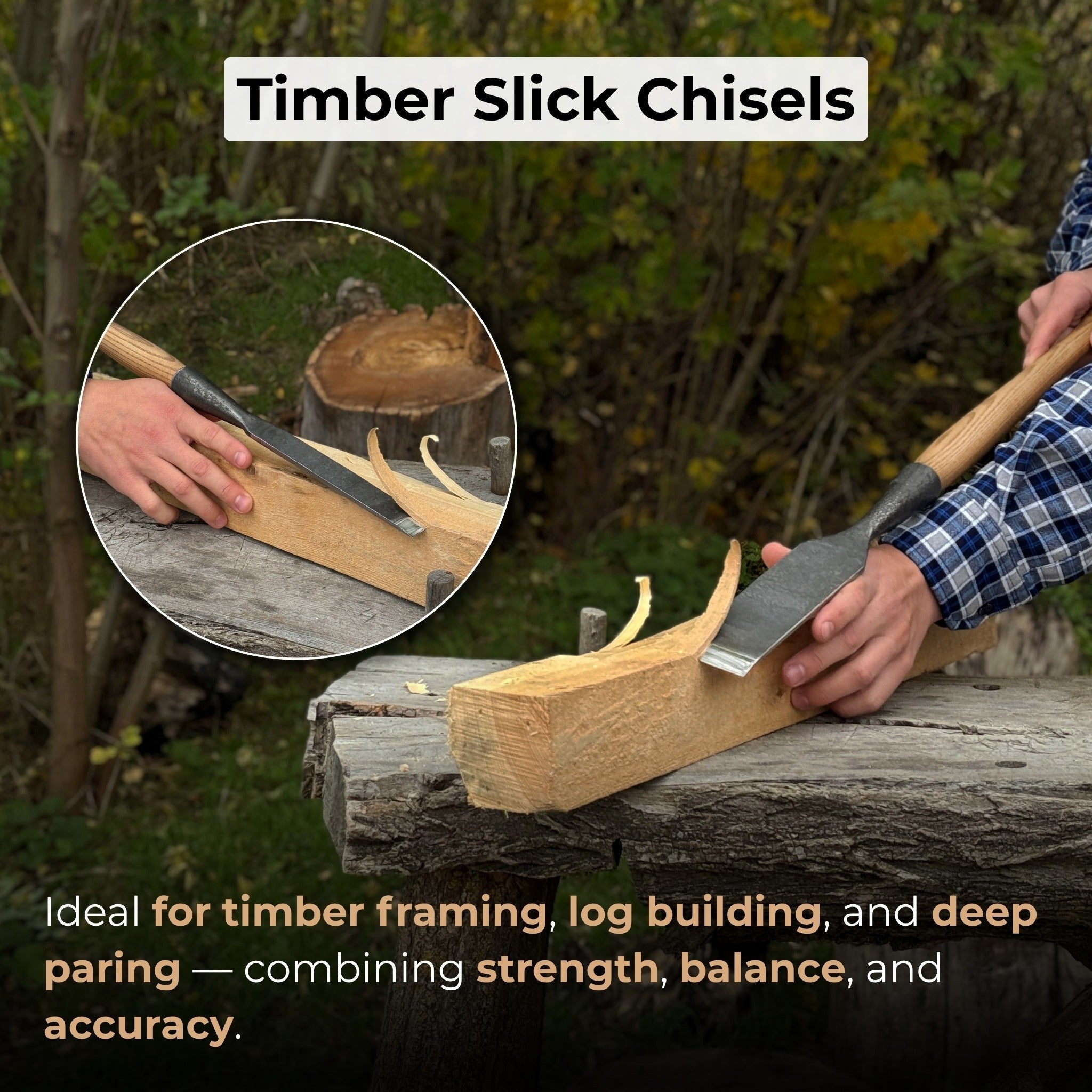 7-piece long timber framing chisel set with hand-forged steel blades and ash handles