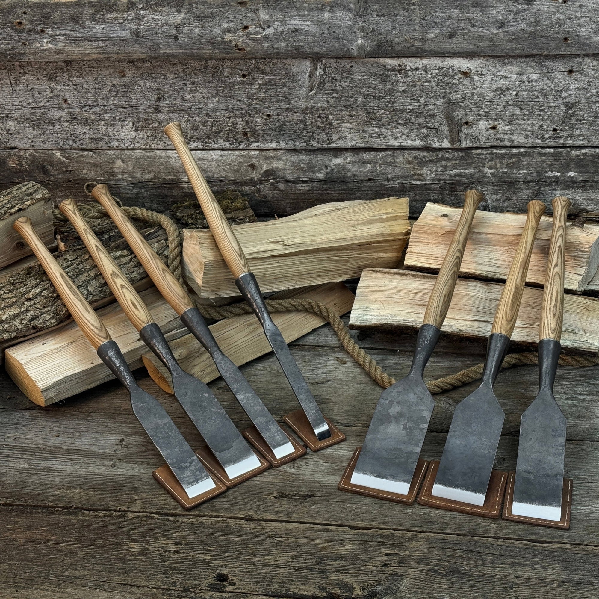 7-piece long timber framing chisel set with hand-forged steel blades and ash handles