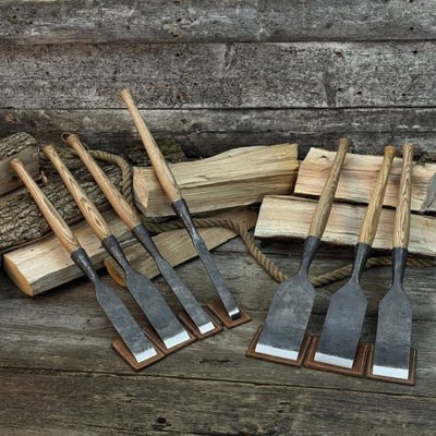 7-piece long timber framing chisel set with hand-forged steel blades and ash handles