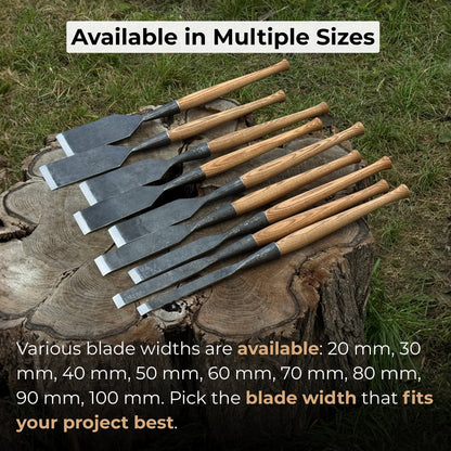 7-piece long timber framing chisel set with hand-forged steel blades and ash handles