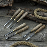 7-piece wood carving chisel and gouge set with ash wood handles and forged steel blades