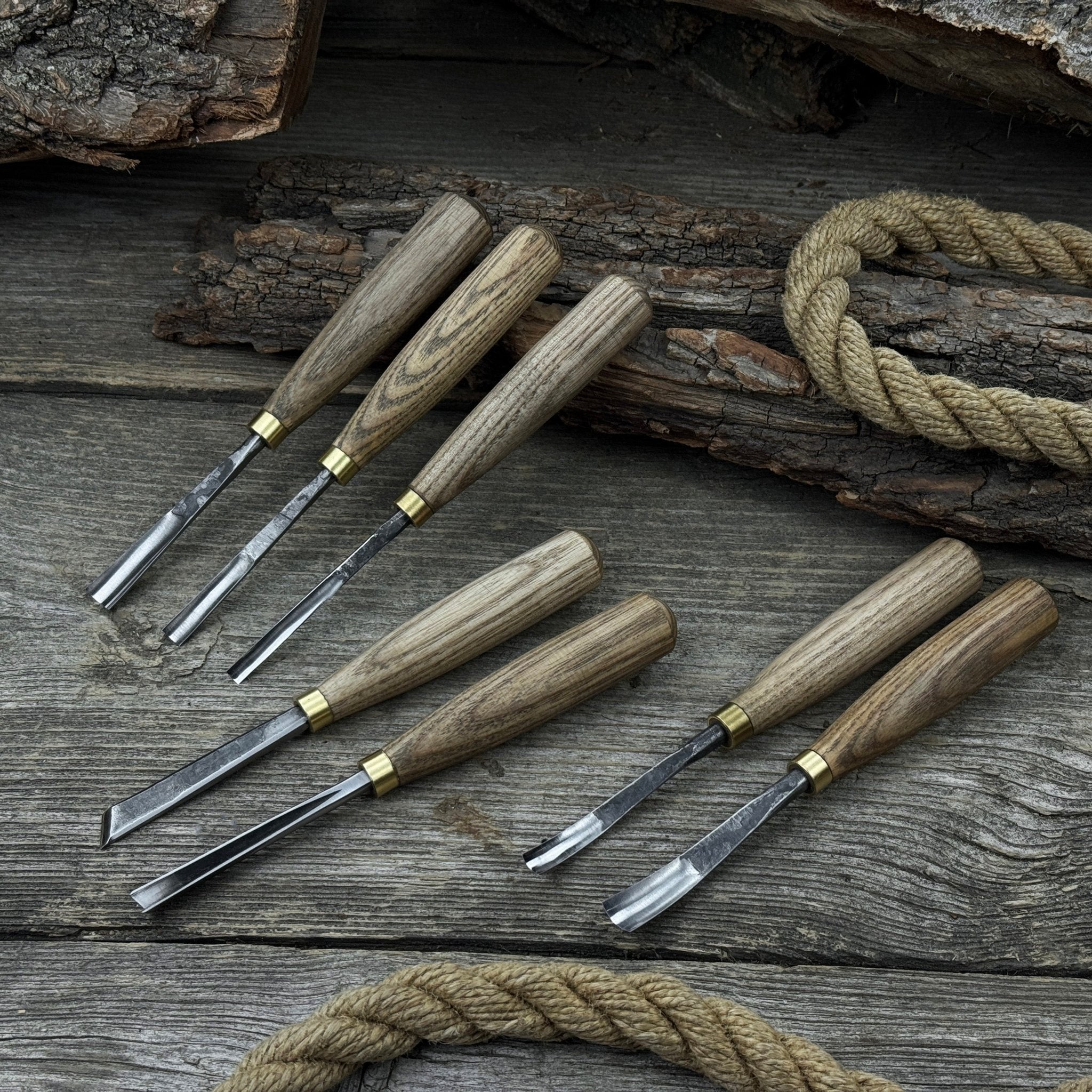 7-piece wood carving chisel and gouge set with ash wood handles and forged steel blades