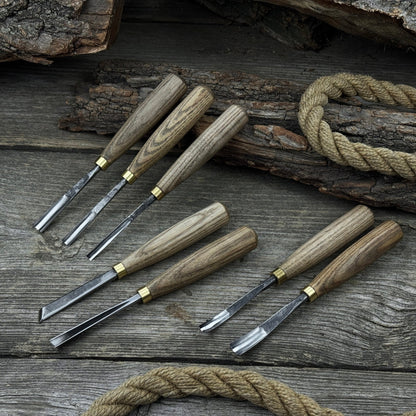 7-piece wood carving chisel and gouge set with ash wood handles and forged steel blades