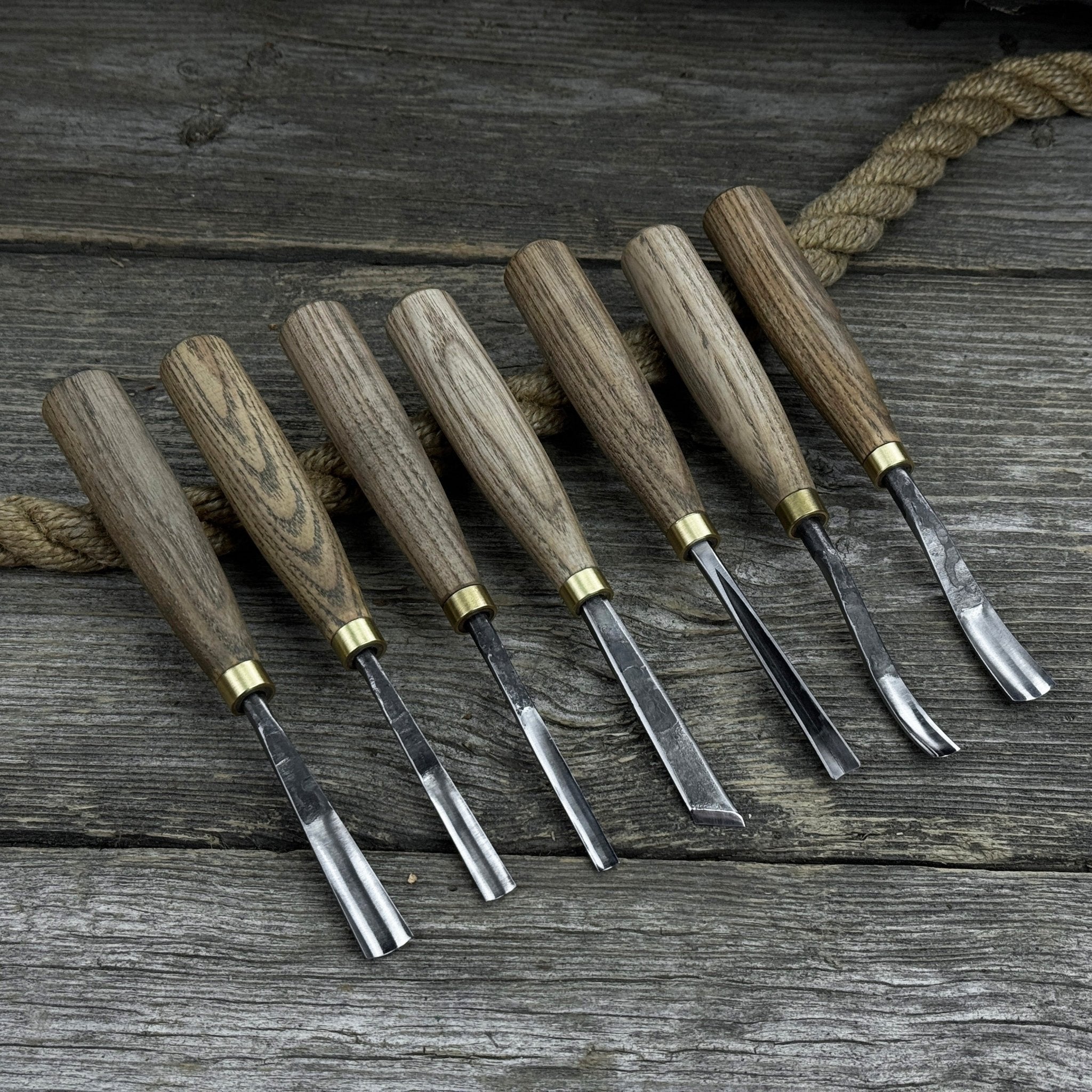 7-piece wood carving chisel and gouge set with ash wood handles and forged steel blades