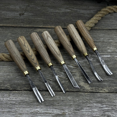 7-piece wood carving chisel and gouge set with ash wood handles and forged steel blades