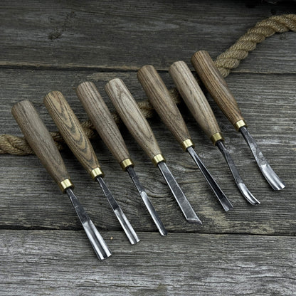 7-piece wood carving chisel and gouge set with ash wood handles and forged steel blades
