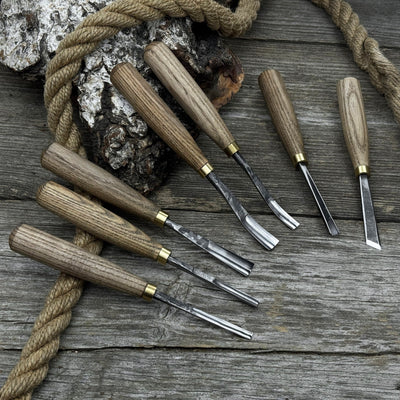 7-piece wood carving chisel and gouge set with ash wood handles and forged steel blades