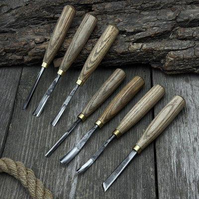 7-piece wood carving chisel and gouge set with ash wood handles and forged steel blades