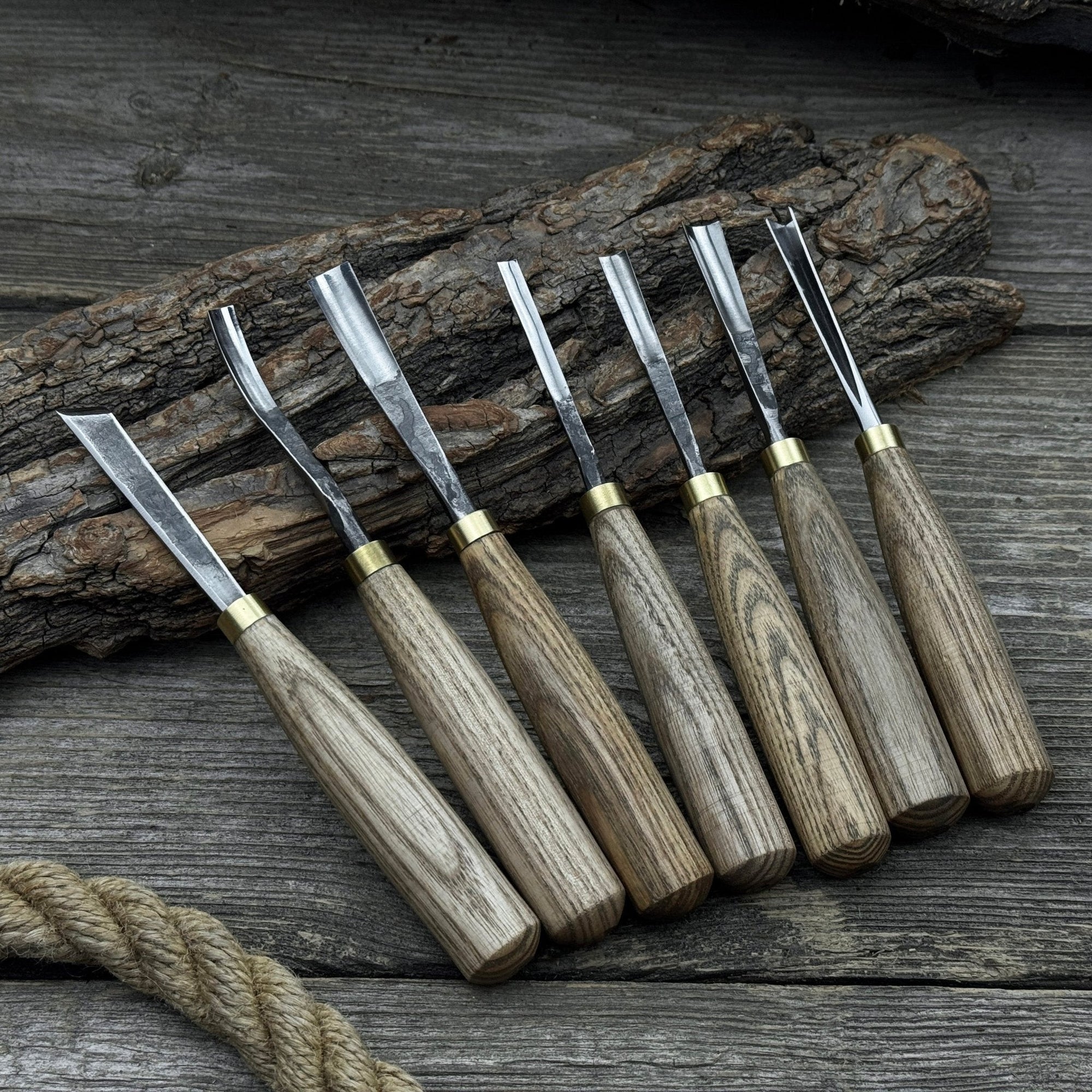 7-piece wood carving chisel and gouge set with ash wood handles and forged steel blades