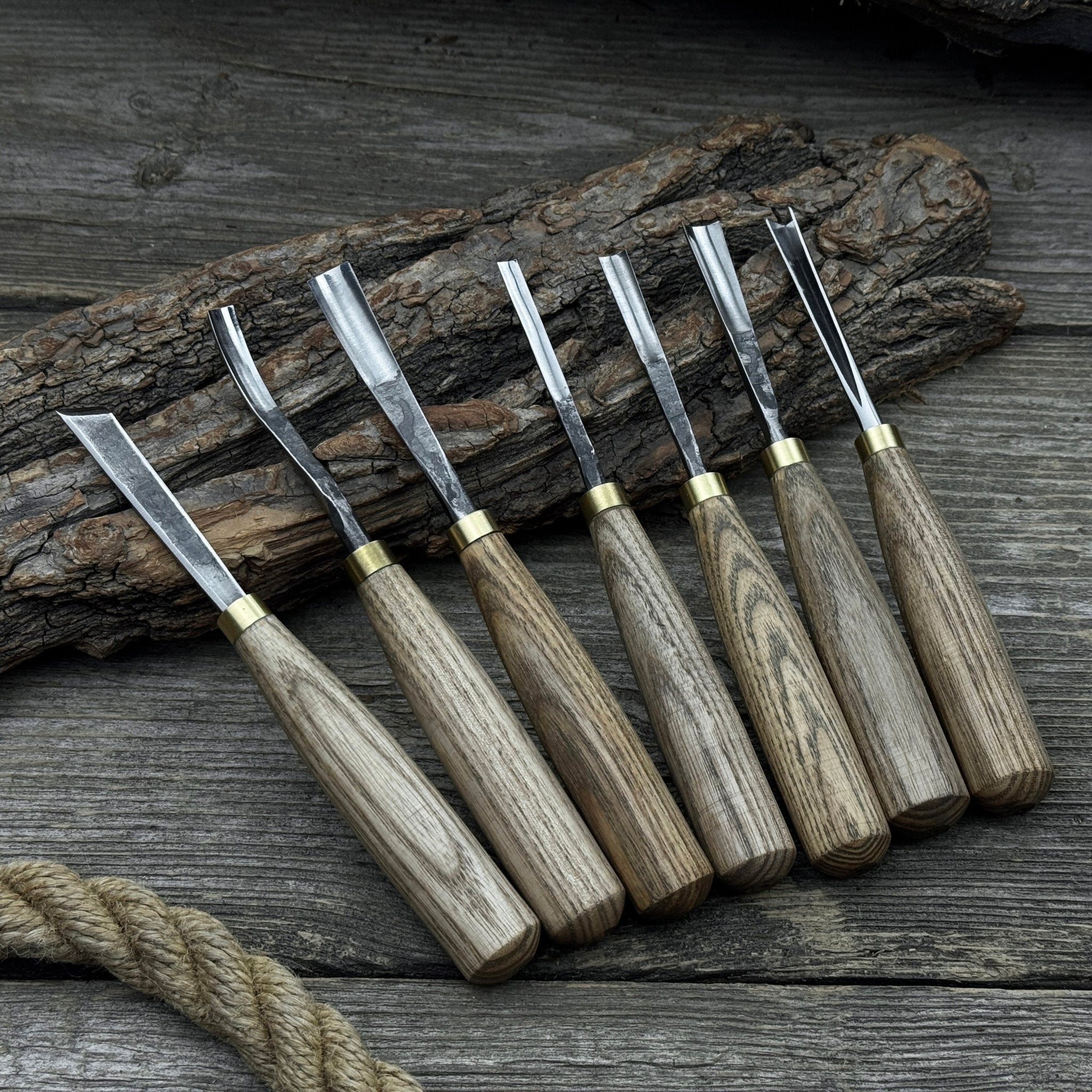 7-piece wood carving chisel and gouge set with ash wood handles and forged steel blades