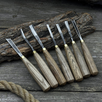 7-piece wood carving chisel and gouge set with ash wood handles and forged steel blades