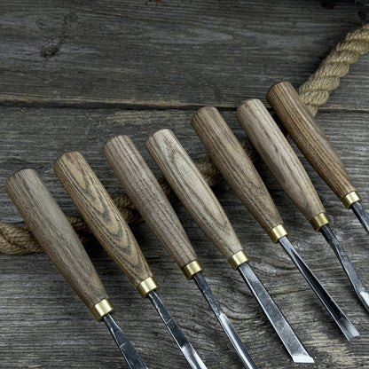 7-piece wood carving chisel and gouge set with ash wood handles and forged steel blades