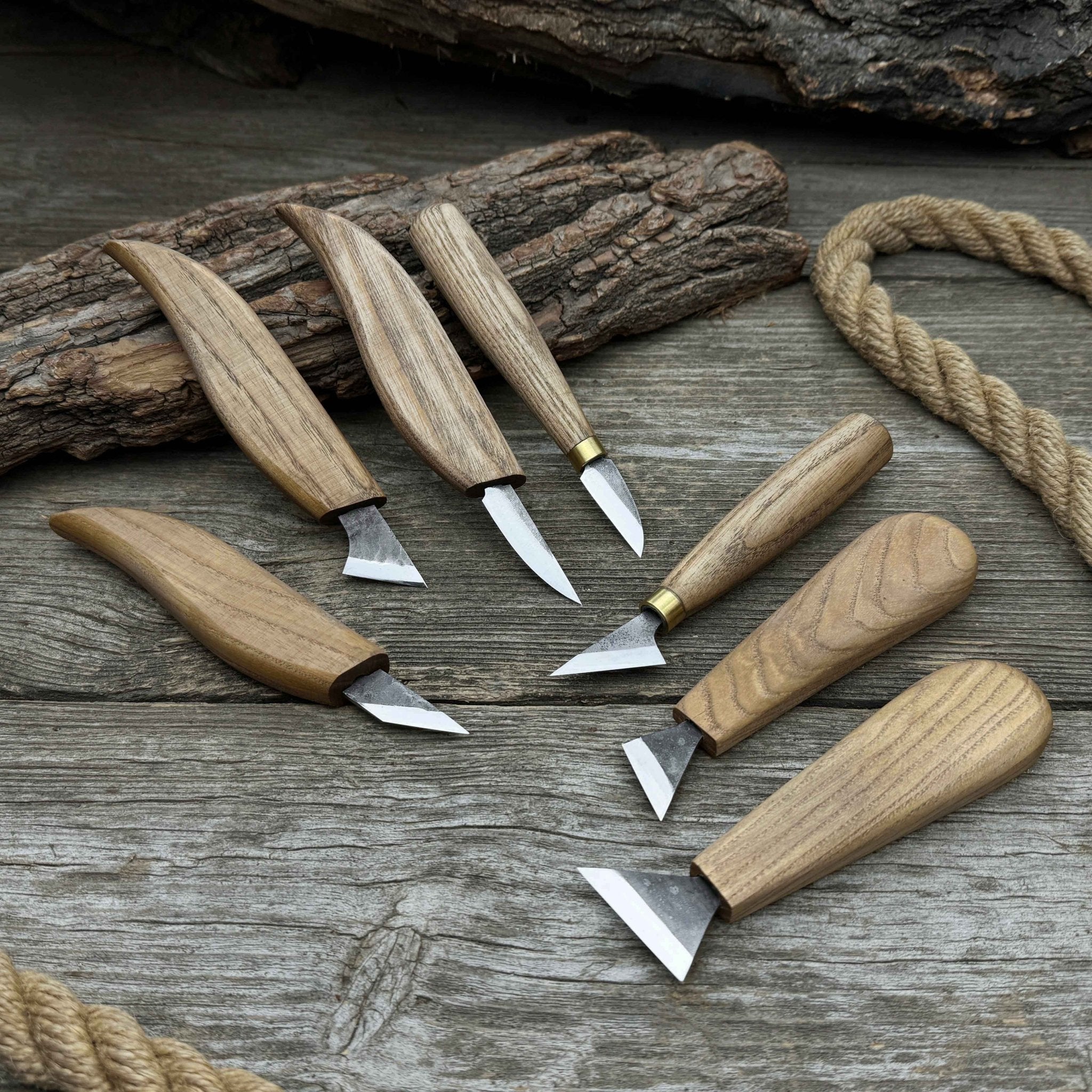 7-Piece Wood Carving Knife Set with hand-forged blades and ash wood handles