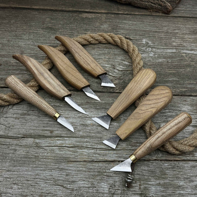 7-Piece Wood Carving Knife Set with hand-forged blades and ash wood handles