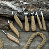 7-Piece Wood Carving Knife Set with hand-forged blades and ash wood handles