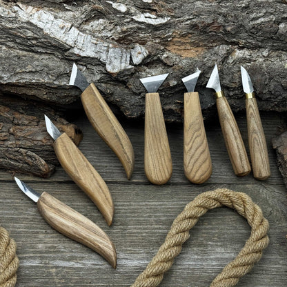 7-Piece Wood Carving Knife Set with hand-forged blades and ash wood handles