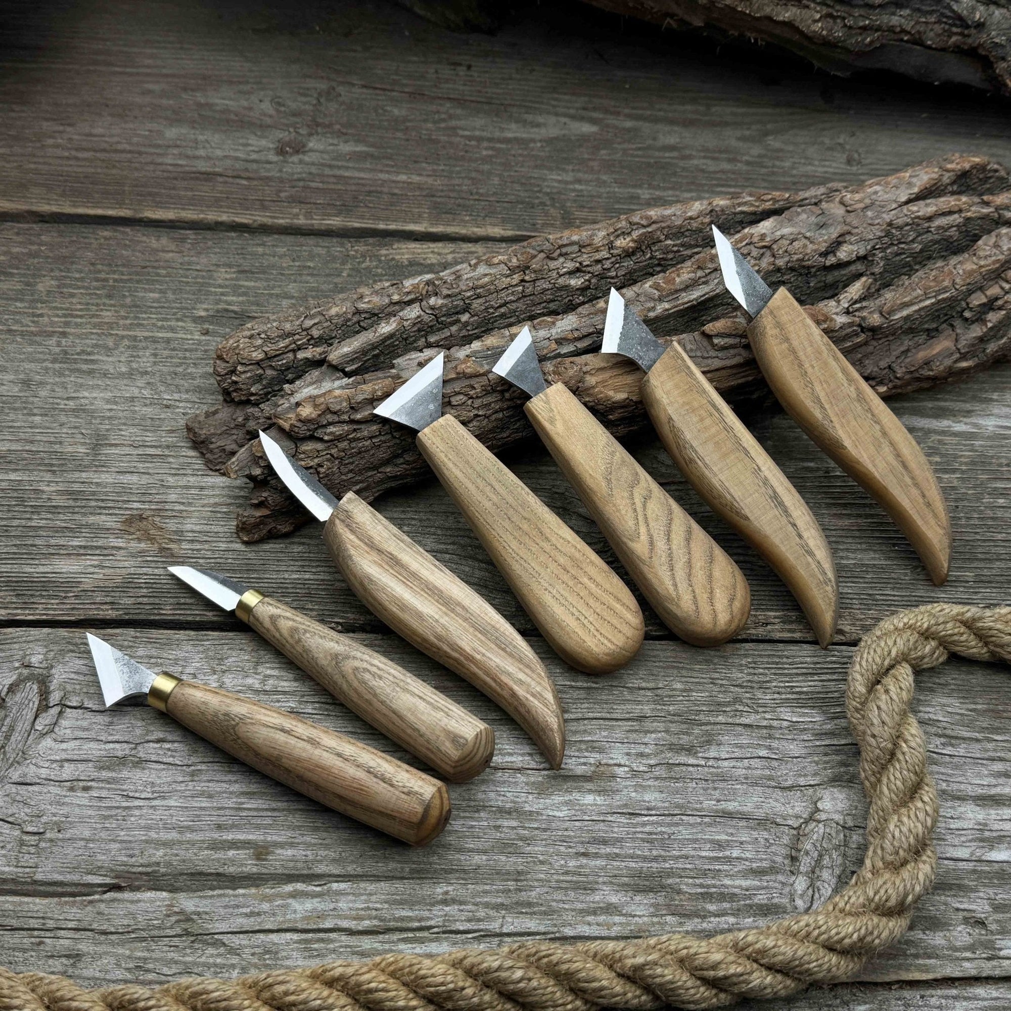 7-Piece Wood Carving Knife Set with hand-forged blades and ash wood handles
