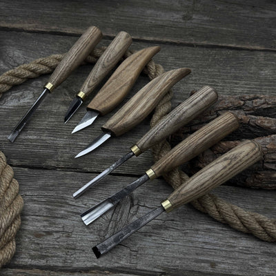 7-piece wood carving tool set with knives and chisels by Sharky Forged Steel Tools