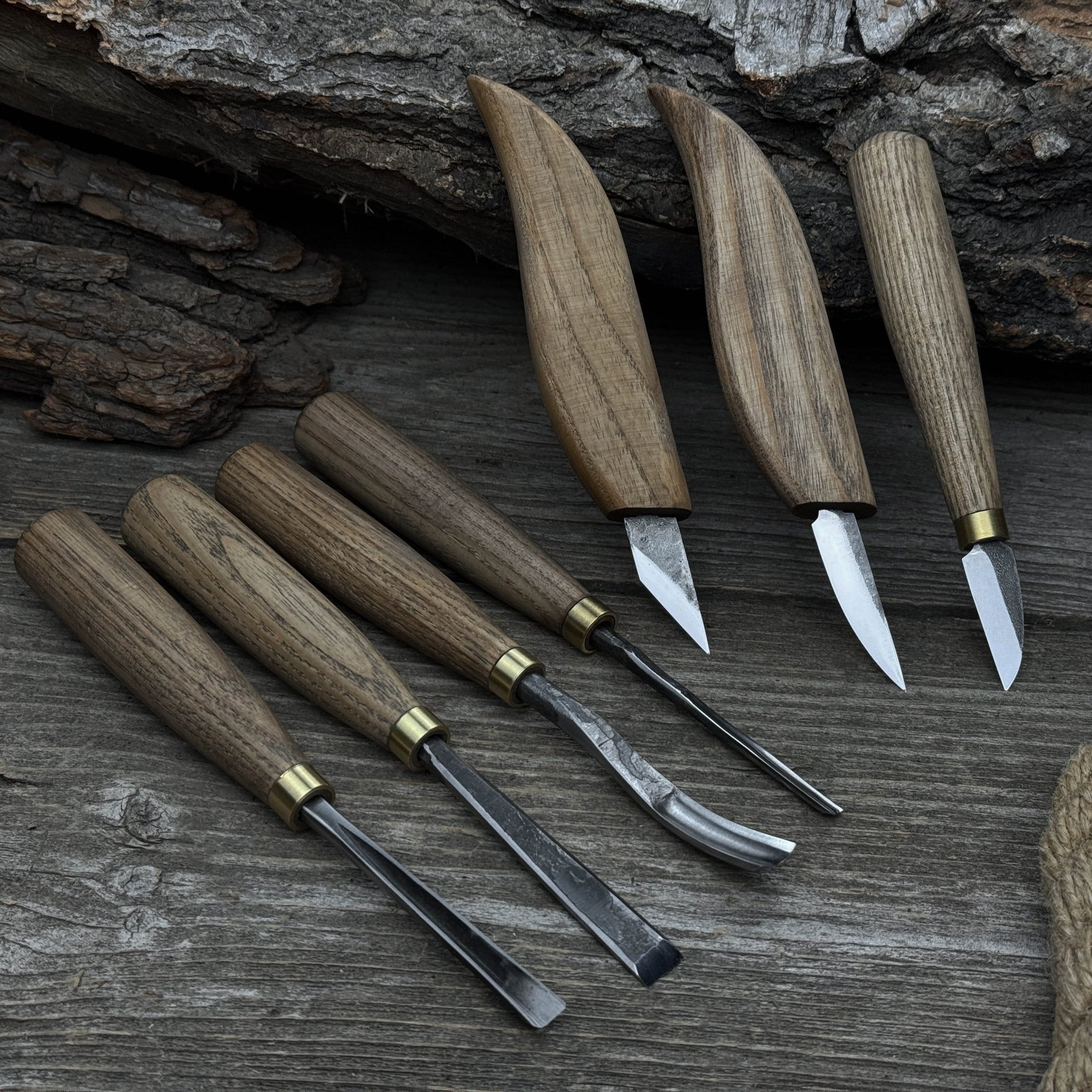 7-piece wood carving tool set with knives and chisels by Sharky Forged Steel Tools