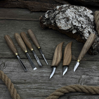 7-piece wood carving tool set with knives and chisels by Sharky Forged Steel Tools