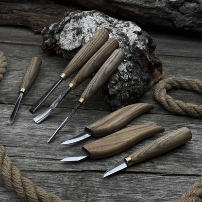 7-piece wood carving tool set with knives and chisels by Sharky Forged Steel Tools