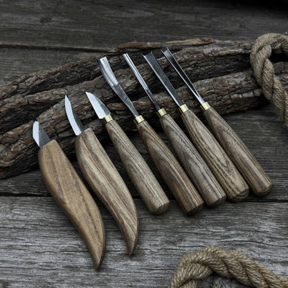 7-piece wood carving tool set with knives and chisels by Sharky Forged Steel Tools