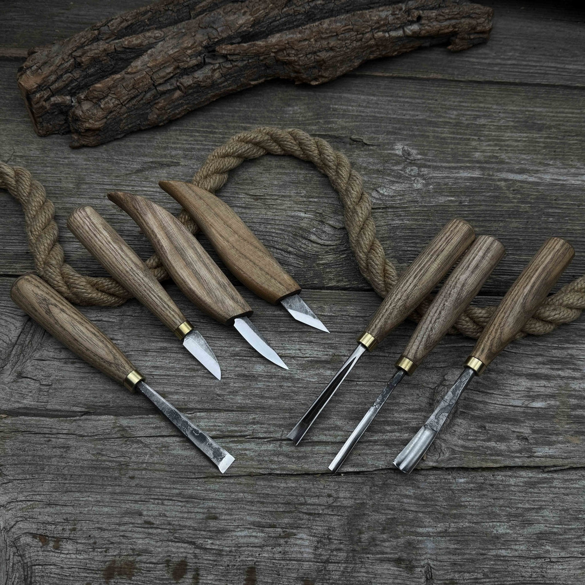 7-piece wood carving tool set with knives and chisels by Sharky Forged Steel Tools