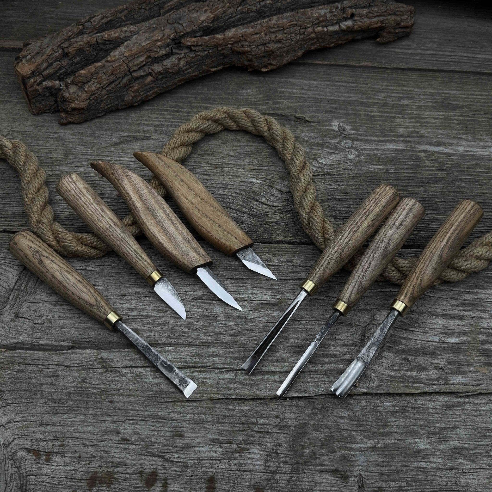 7-piece wood carving tool set with knives and chisels by Sharky Forged Steel Tools