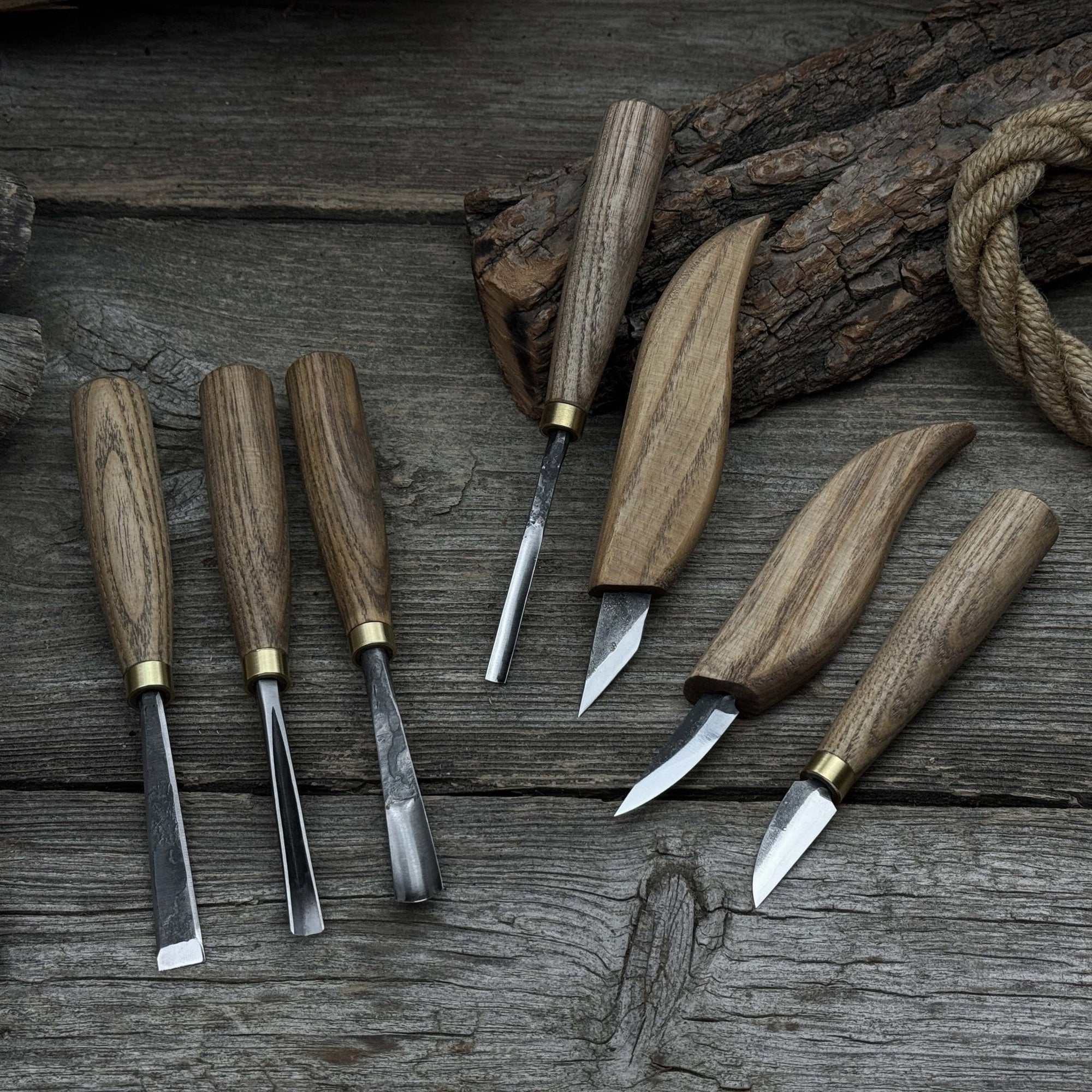 7-piece wood carving tool set with knives and chisels by Sharky Forged Steel Tools