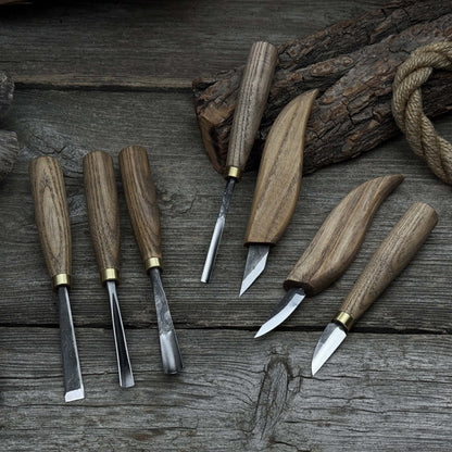 7-piece wood carving tool set with knives and chisels by Sharky Forged Steel Tools