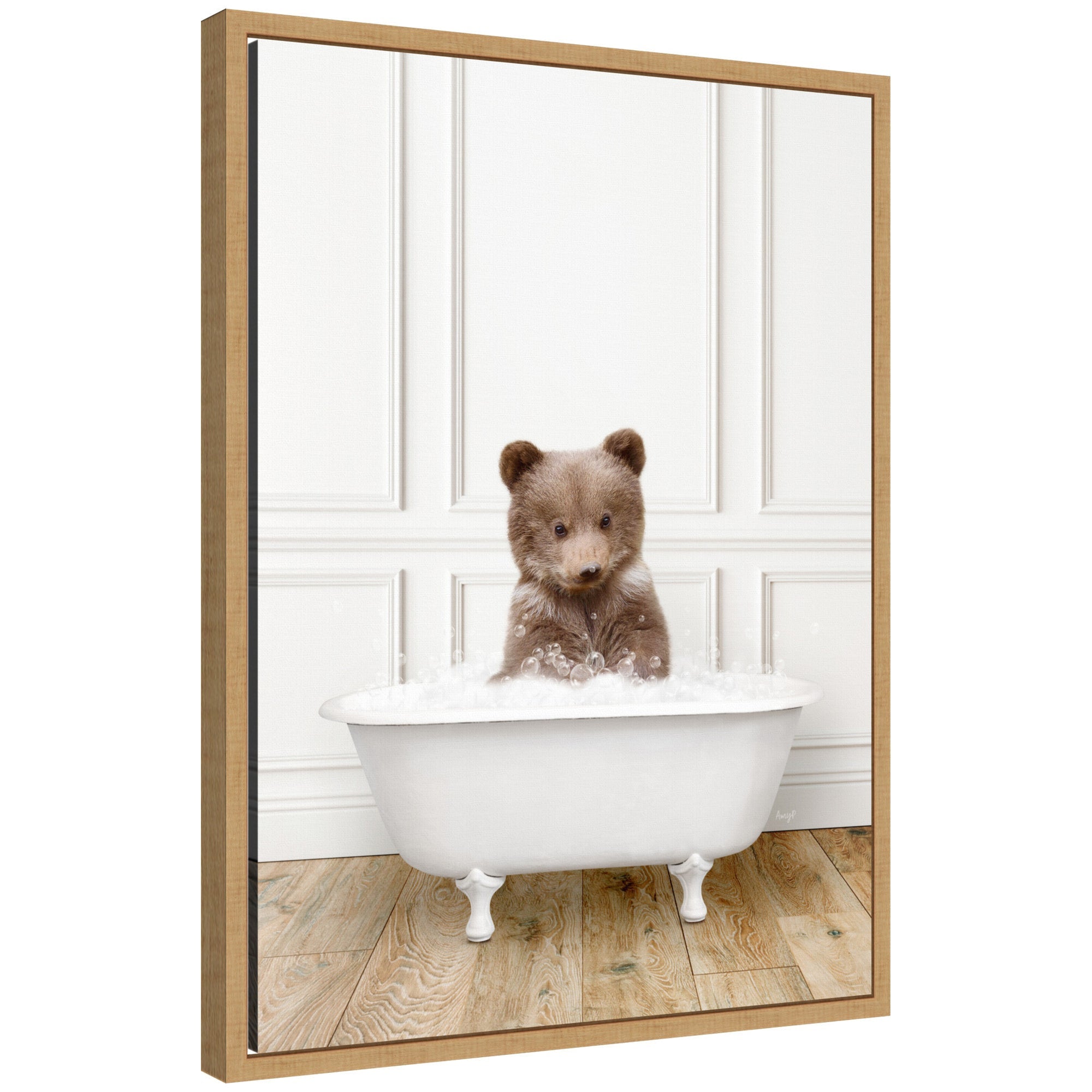 Framed canvas art depicting a Sylvie Bear Cub sitting in a traditional vintage bathtub