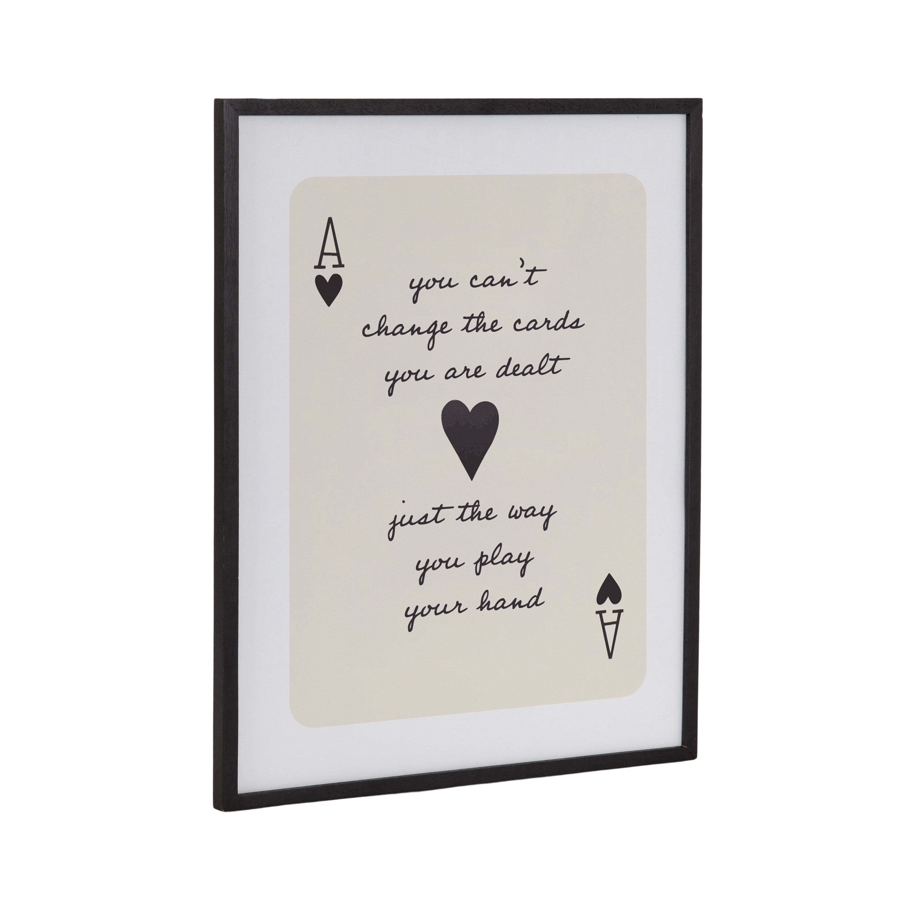 Framed Ace of Heart Cards Positive Quote Print displayed against a beige textured wall with warm-toned furnishings visible.