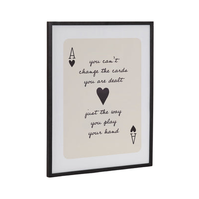 Framed Ace of Heart Cards Positive Quote Print displayed against a beige textured wall with warm-toned furnishings visible.