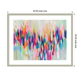 Abstract horizontal brushstrokes in bright pinks, purples, blues, and oranges, with layered textures and scattered dots on a light, muted background framed in white and beige.