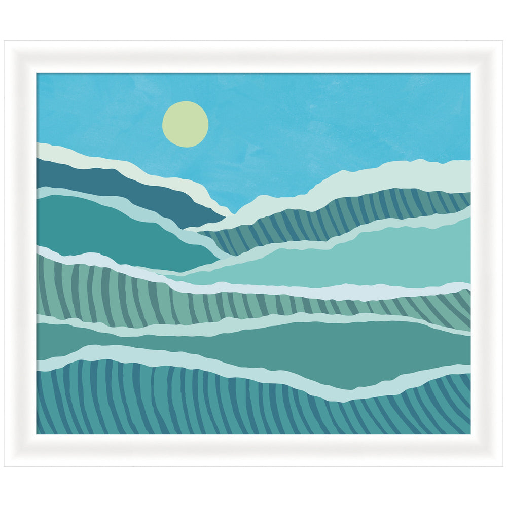 Framed abstract ocean waves artwork in layered blue, green and yellow hues by Rachel Lee