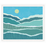 Framed abstract ocean waves artwork in layered blue, green and yellow hues by Rachel Lee