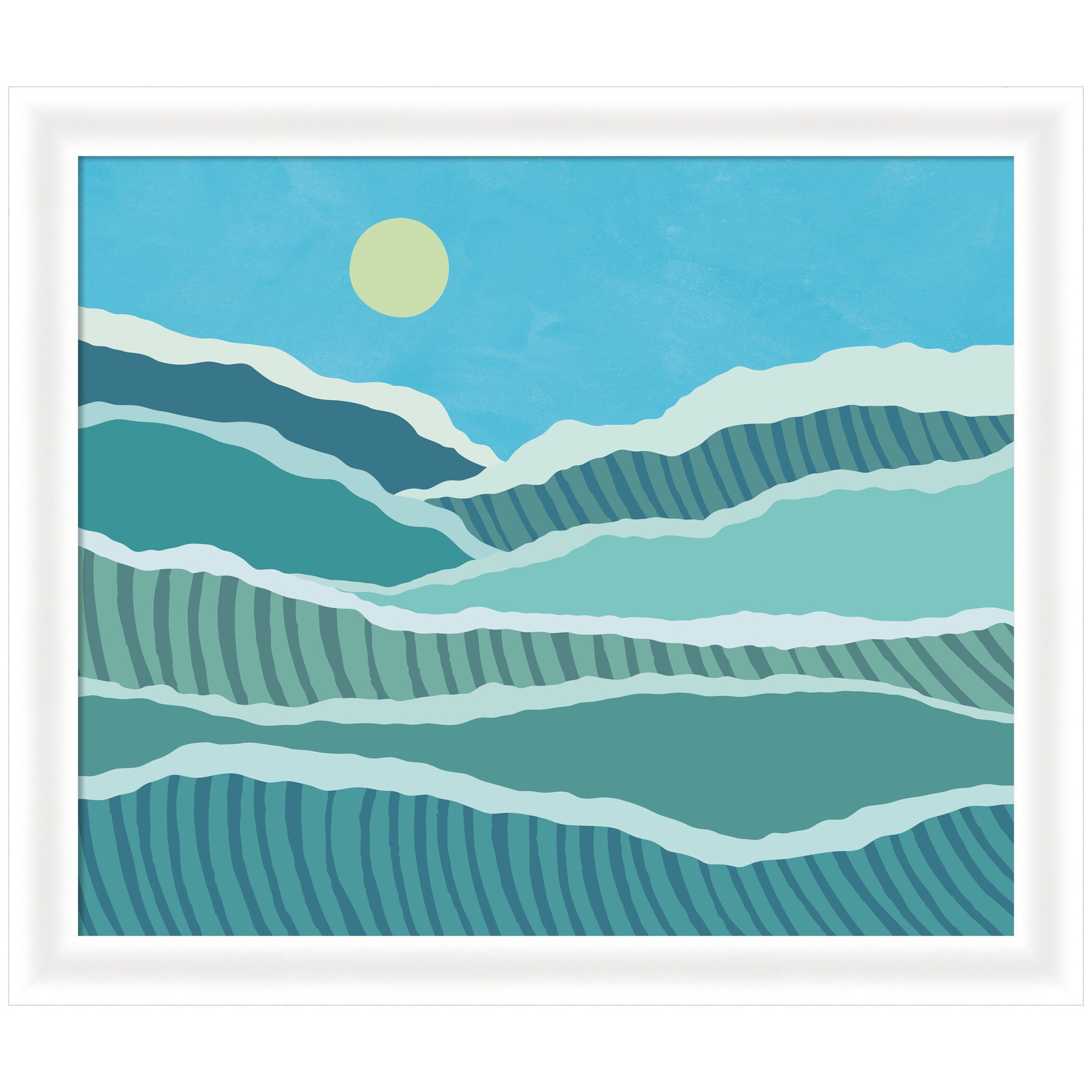 Framed abstract ocean waves artwork in layered blue, green and yellow hues by Rachel Lee