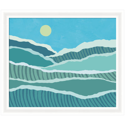 Framed abstract ocean waves artwork in layered blue, green and yellow hues by Rachel Lee