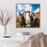 Framed photo of five curious horses close to the camera with a blue sky and clouds background, hanging above a white desk and woven chair.