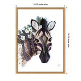 Frontal portrait of a stylized zebra with purple stripes and white flowers intertwined with green pine needles on a white background, framed in light wood.