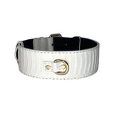 Matte white snake-patterned dog collar with gold D-ring and classic hardware, displayed against a white background.