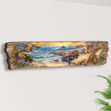Wood wall art featuring a retro woody station wagon driving along a rocky coastal road at sunset with vibrant ocean waves and detailed vegetation on driftwood-shaped panel.