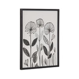 Black and white linocut print of stylized dandelion-like flowers with detailed leaves, framed in a thin black frame, shown at a slight angle.